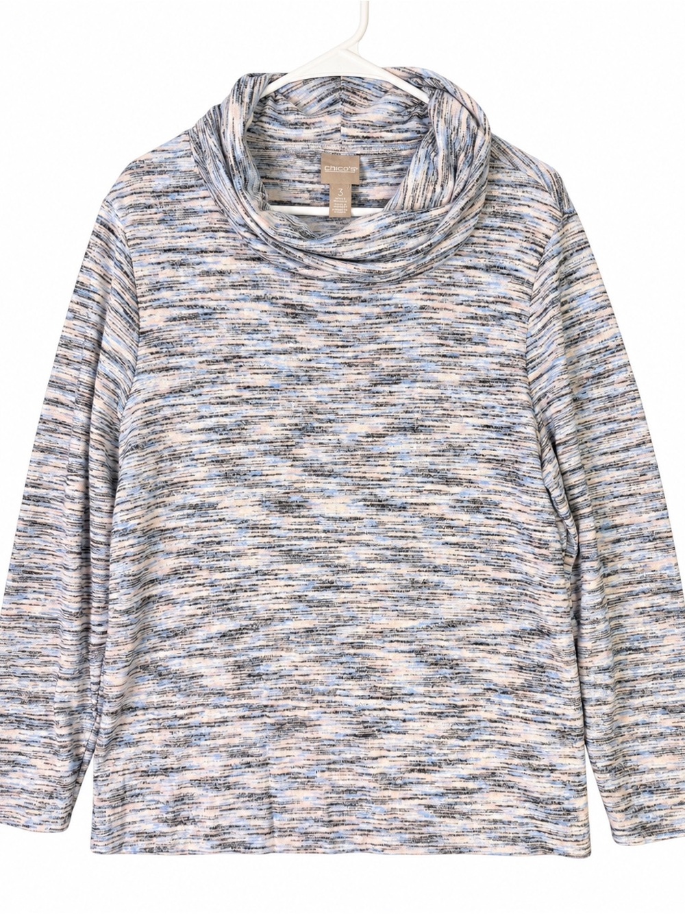 Chico’s Space Dye Cowl Neck Long Sleeve Top Size 3 Blue Gray Marled Knit